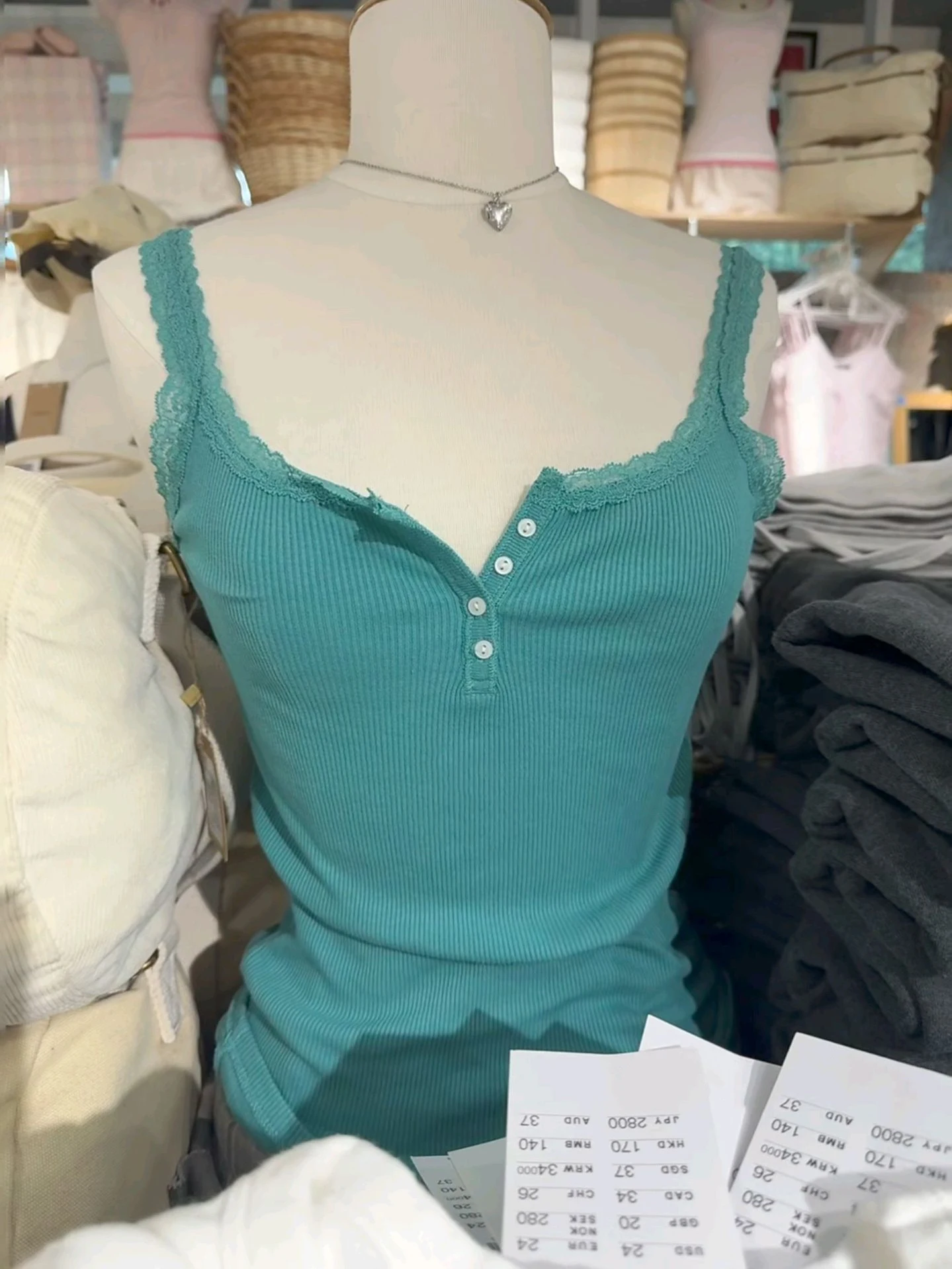 Four Buttons Lace Trim Turquoise Camisole Woman Summer Ribbed Slim Tank Top Casual Simple Solid All-match Cotton Basic Vest New