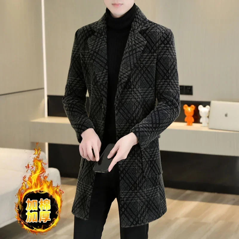 

Winter plus cotton thickening high-end fashion all-in-one Korean slim handsome men's woolen coat long trench coat Thick