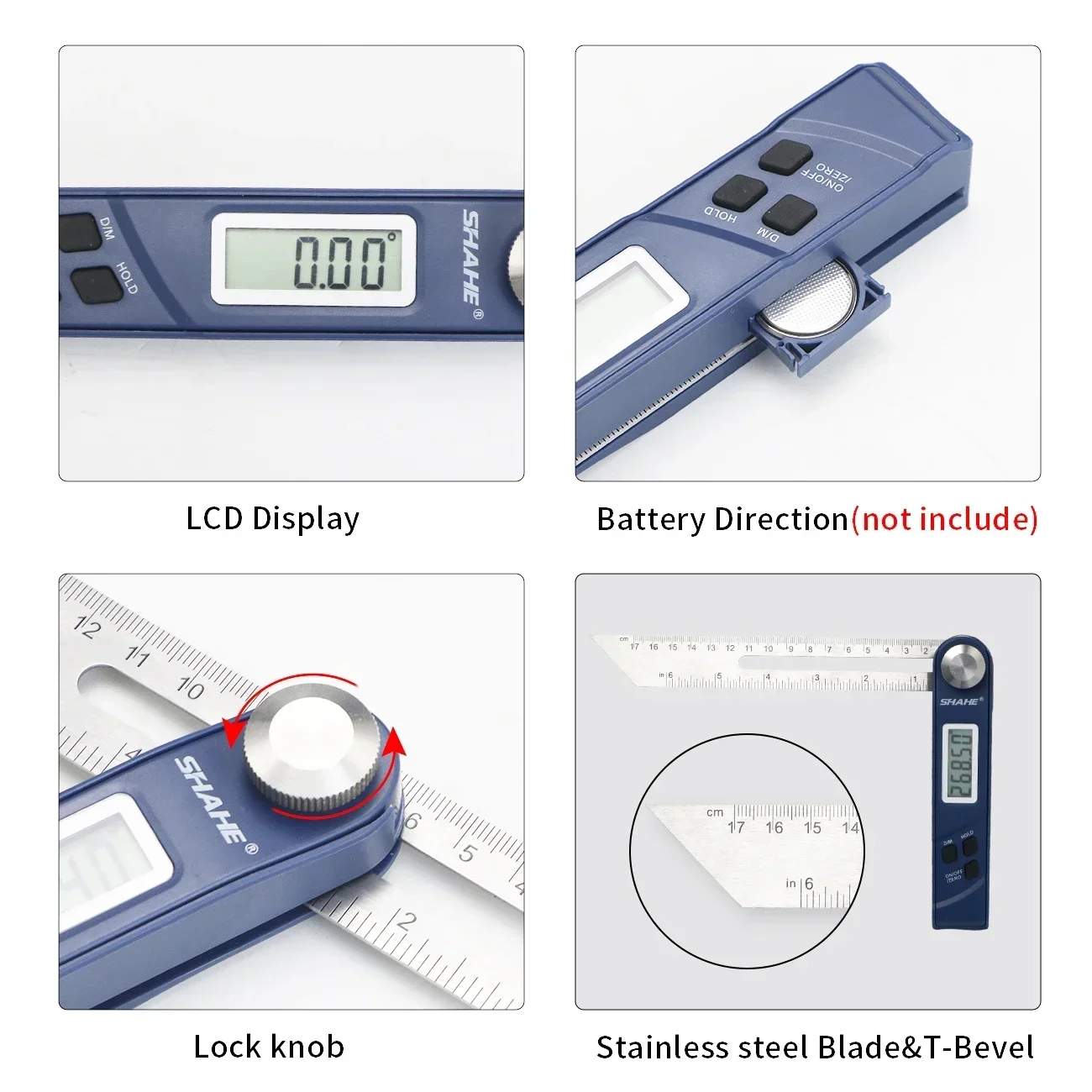 SHAHE Digital Sliding T-bevel Ruler Protractor With Stainless Steel Blade 0-360 ° Digital Angle Finder With Full LCD Display