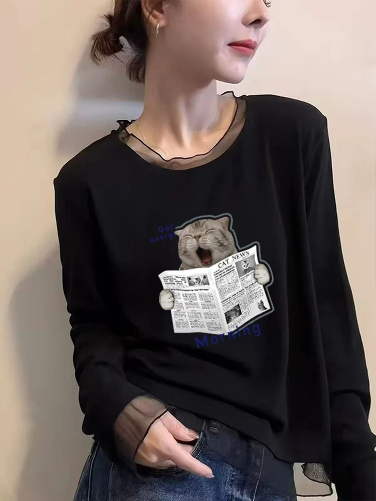 Fashionable Long Sleeve T-Shirt Women's Mesh Lace under Shirt Korean Style Autumn Winter New Style Slimming Top Commute Style