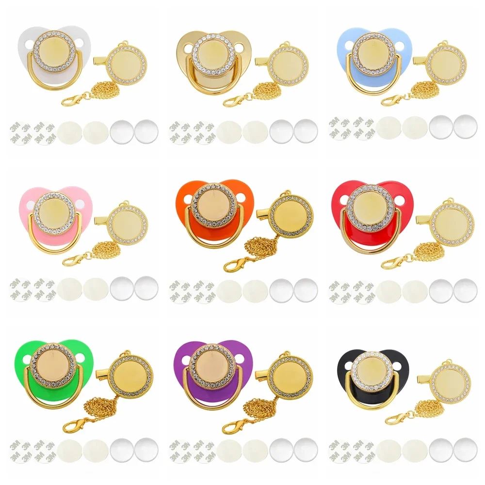 10 Colors Personalized Blank Baby Pacifier Rhinestone Dummy Clips Chain Gold Bling Sublimation Pacifier Infant Nipple