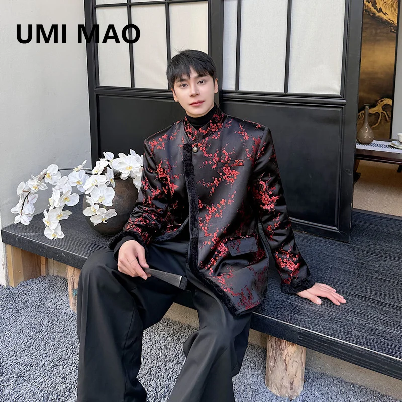 

UMI MAO Yamamoto Dark Chinese Style Standing Collar Fur Edge Coat Winter New Trendy Satin Plum Blossom Blazers Jacket Men Women