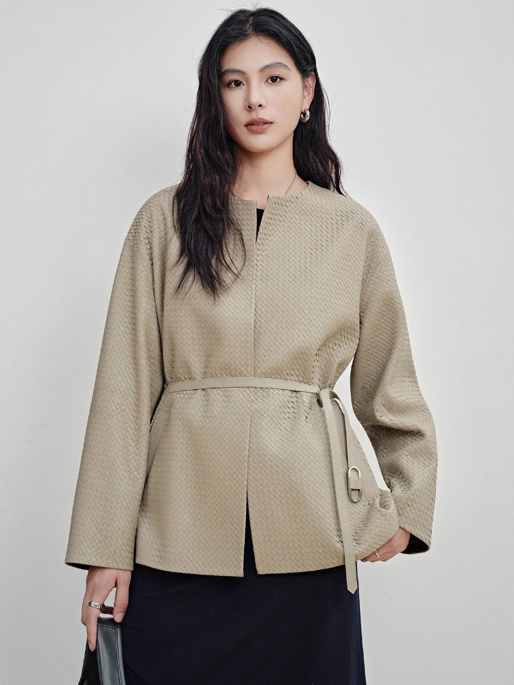 

Classic O-neck Genuine Leather Jacket for Women Autumn Winter High-end Simple Loose Soft Hand-woven Real Goatskin Coat with Belt
