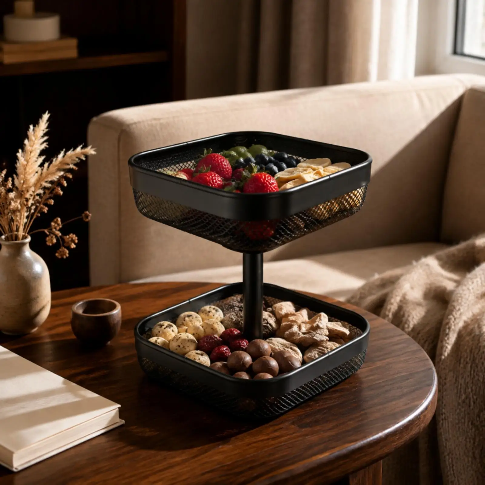 Two Tier Iron Art Storage Basket Open Mesh Design for Kitchen Dining Room Counter Display