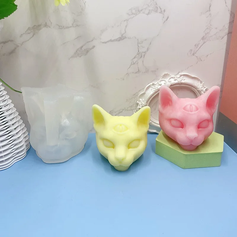 Three-Eye Cat Aromatherapy Candle Silicone Mold Plaster Fragrant Stone Cat Head Home Ornaments Epoxy Mold