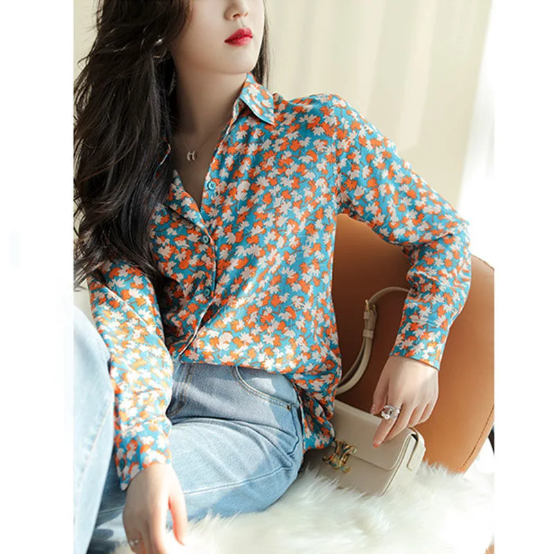 High Street Port Breeze Vintage Printing Chiffon Shirt New Long Sleeve Buttons Classic Polo Collar All-match Single-breasted Top
