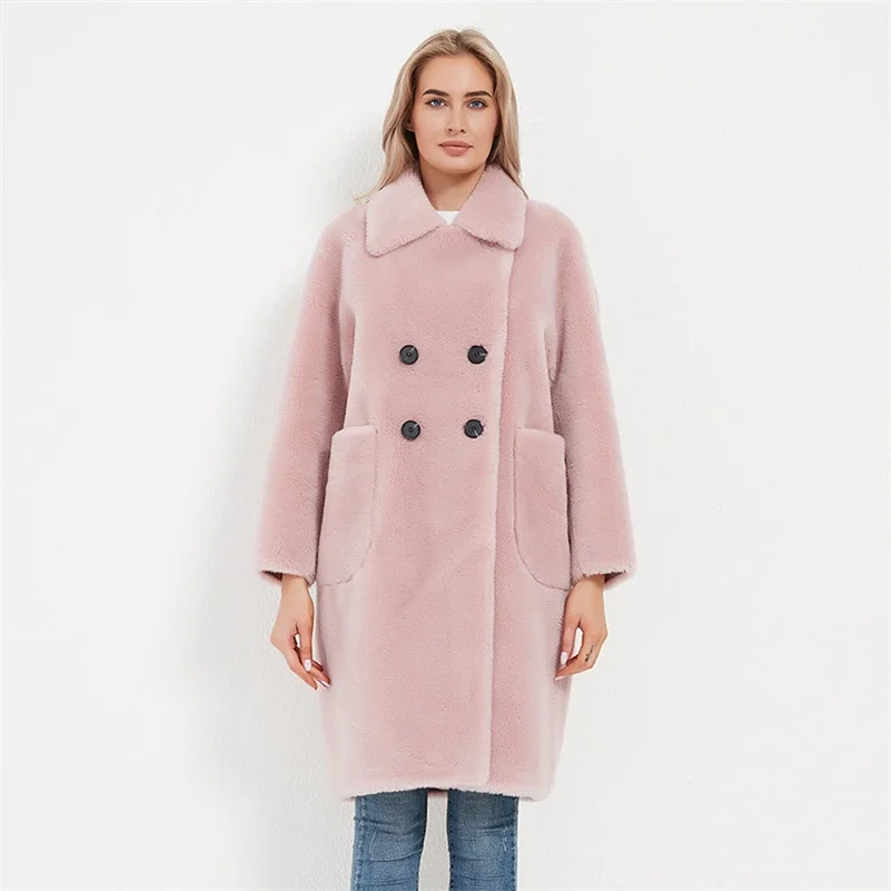 Aorice inverno donna cappotto di pelliccia di lana Trench Sheep Shearing Jacke cappotti Lady donna giacche calde con cappuccio Parka H6003