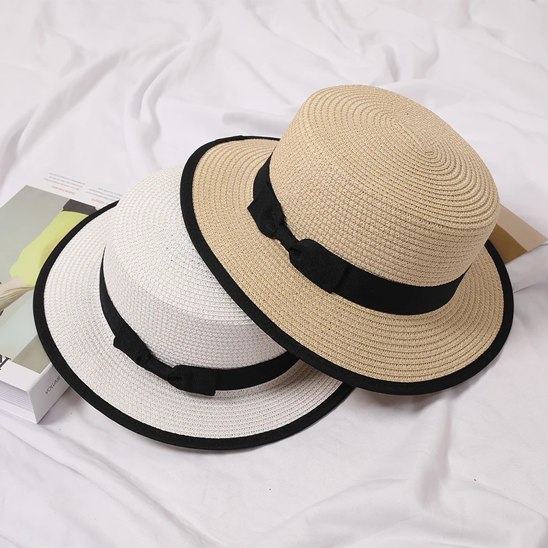 Straw Hat Women's Pure White Flat Top Sun Hat Travel Face Cover Sun-proof All-matching Hat British Fashion Bowknot Top Hat