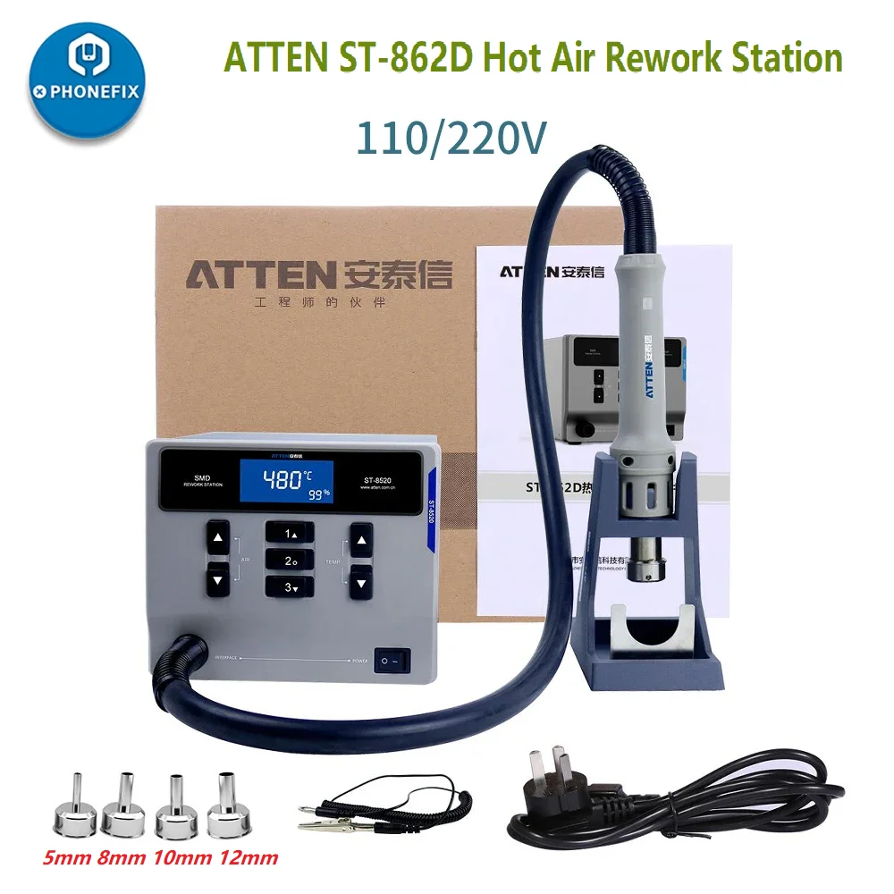 Imagem -05 - Atten-hot Air Gun com Display Digital Estação de Retrabalho Bga Reparo Automático do Sono Estação Desoldering 110v 220v 1000w St862d