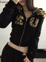 Korean Women Hoodies Coats 2024 Ropa Mujer Y2k Tops Patchwork Leopard Print Sweatshirts Casual Fashion Zipper Tunic Crop Hoodie