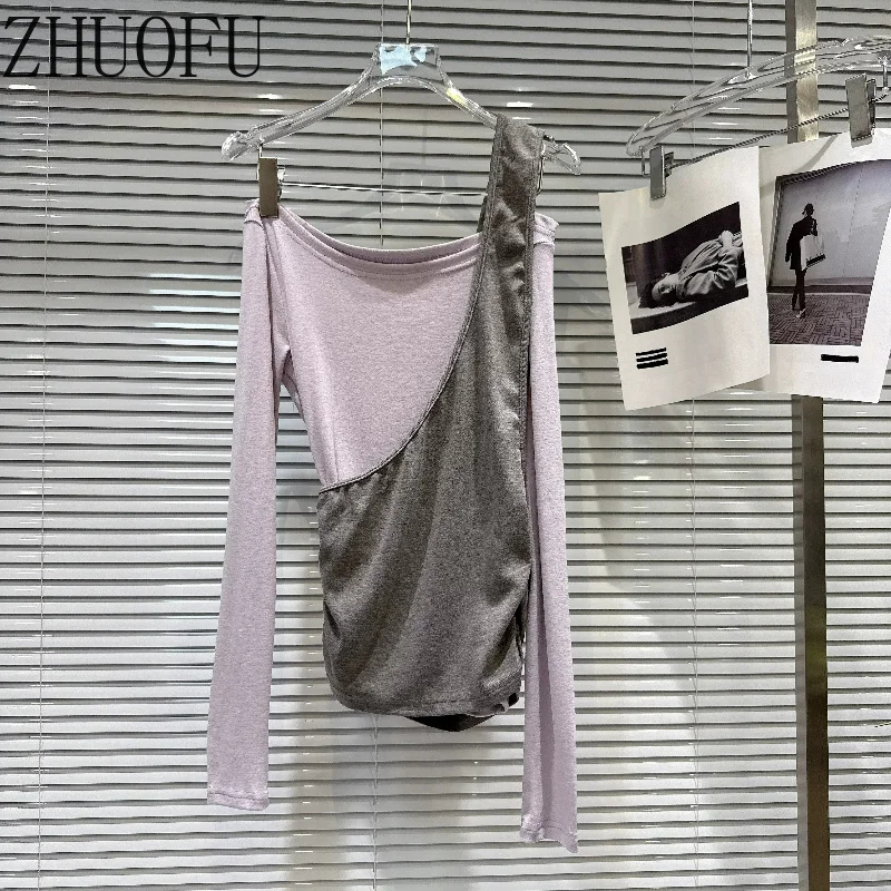 Women Asymmetric Long Sleeve Top Off Shoulder Sling Layered Look Ruched Side Splicing Knit Tee Fashion Female Bottoming Shirt