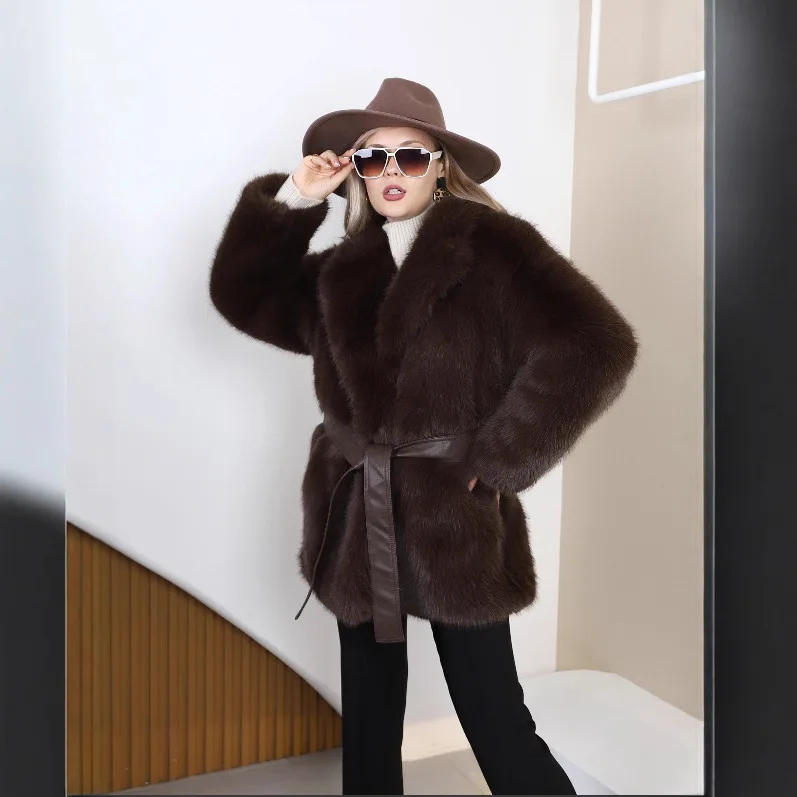 Manteau en fausse fourrure de renard, nouvelle mode automne hiver, veste à revers en fausse fourrure écologique avec ceinture, vêtements d'extérieur polyvalents décontractés grande taille