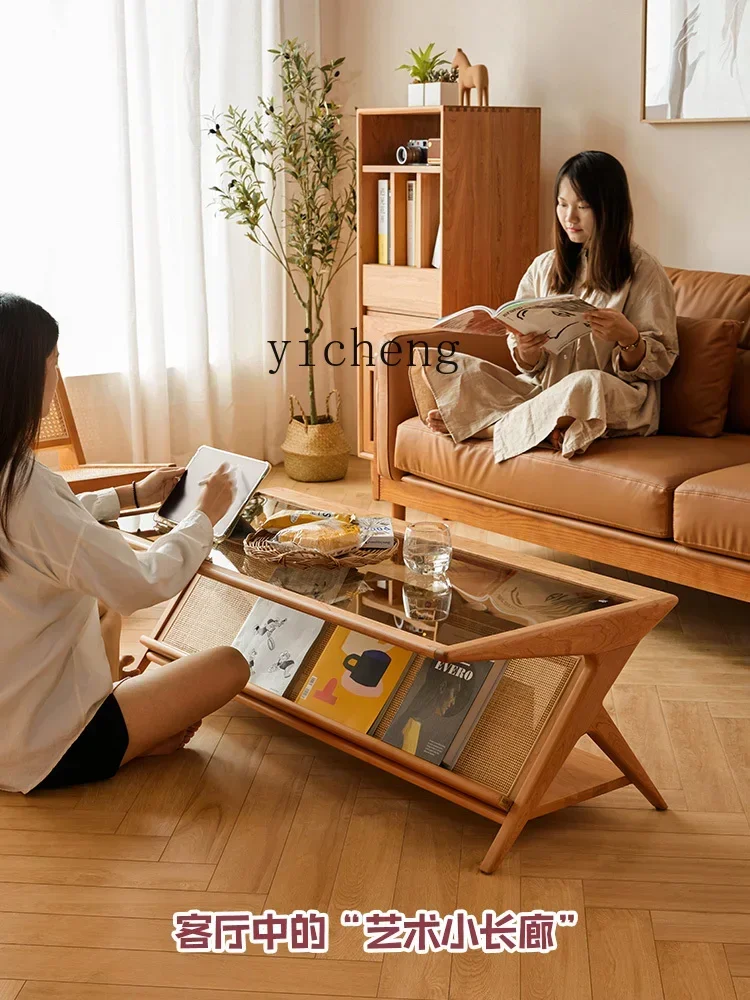 TQH6.4  solid wood coffee table Nordic rattan ash wood living room household tea table rectangular retro glass table