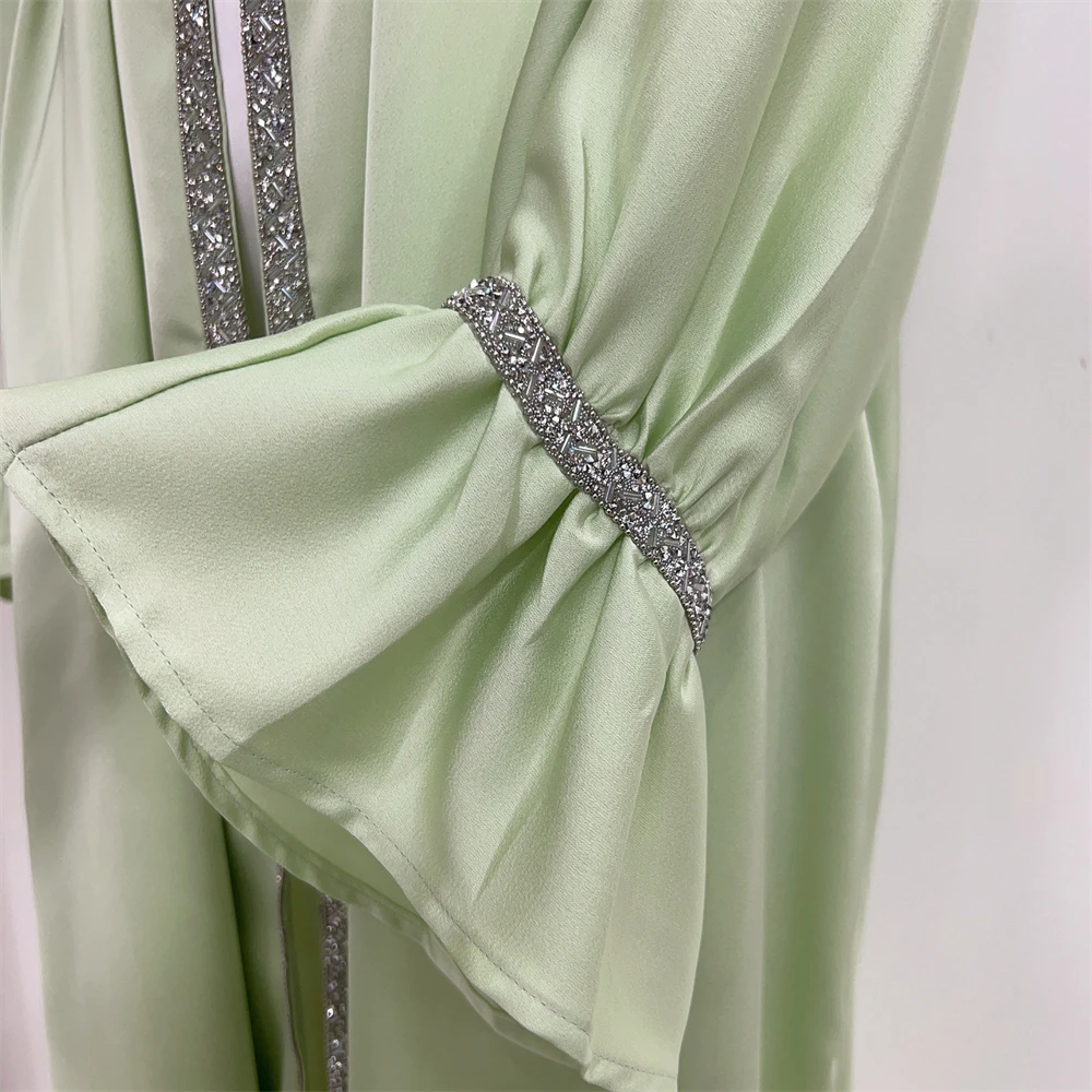 Handsewn Diamonds Open Abaya Flare Sleeve Dubai Turkish Islamic Clothing Kimono Muslim Women Party Evening Eid Kaftan Saudi Robe