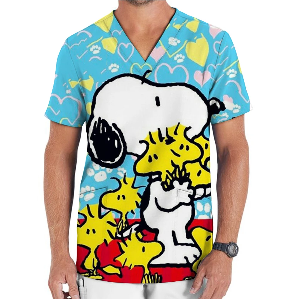 Men's T-shirt Men's V-neck Nurse Uniform Hospital Snoopy 2024 Pocket Women's Clothing Anime Kawaii Short Sleeve Cute