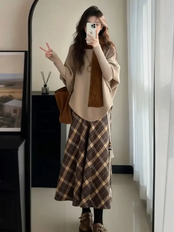 Conjunto de suéter de punto a cuadros Retro para mujer Otoño Invierno Batwing Sve falda acampanada ajustada de cintura alta conjunto de dos piezas