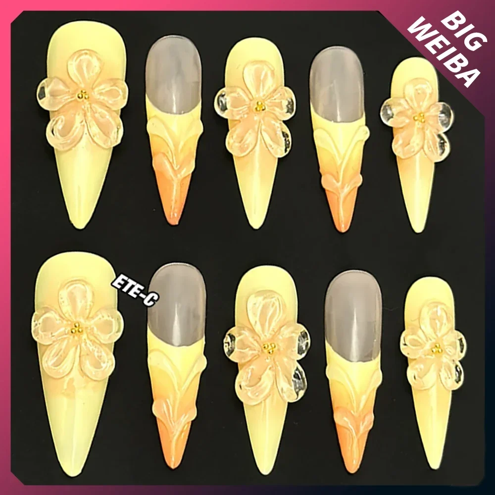 10Pcs Spice Girls Y2K Handmade Long Stiletto Fake Nails Leopard Print Diamond Lace French Style Reusable Fully Covered Nails