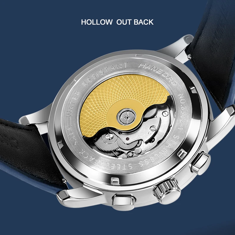 HANBORO Orologio automatico da uomo Orologio da polso meccanico di lusso da 43,5 mm 5ATM Lunetta in cristallo impermeabile Multi-quadrante Mese Settimana Data