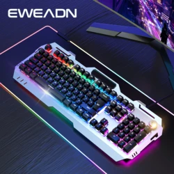 EWEADN GX810 Wired Membrane Keyboard, All-Metal Panel with Multimedia knob and mobile phone holder, for Games and Office(Black)