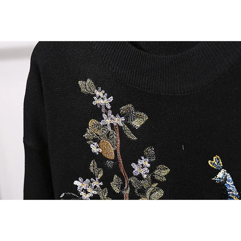 Fashion Peacock Embroidery Knitted Tracksuits Women Black Outfits 2pc Loose Pullover Sweater Pencil Pants Two Piece Set Female