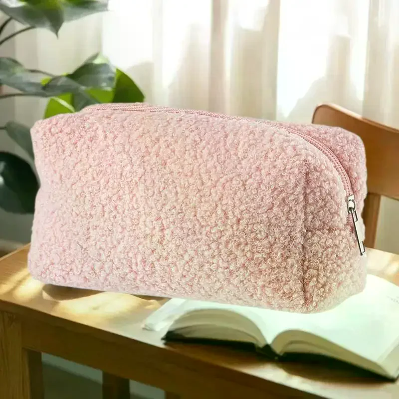 Lovely Plush Textured Makeup Storage for Women Travel-Friendly Compact Cosmetic Pouch Solid Hue Zip Up Toiletry Pouch