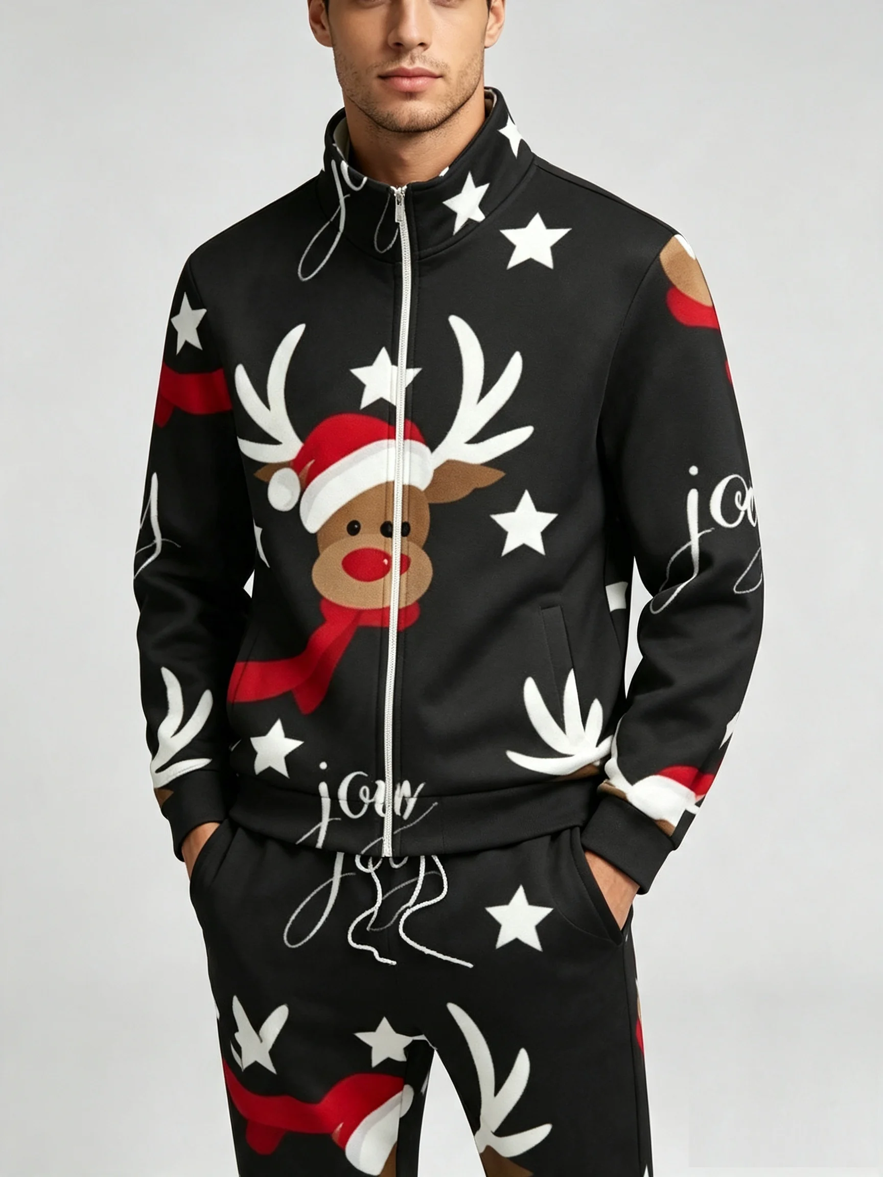 Men Xmas Reindeer Star Print Tracksuit Full Zipper Stand Collar Jacket And Drawstring Pants 2 Piece Sport Suit For Holiday Daily