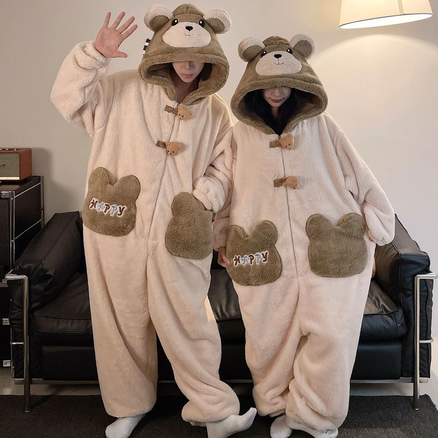 Cartoon Cute Jumpsuit Sleepwear Winter Warm Coral Fleece Pajamas Set for Couples Big Size 3XL 4XL Women and Men Nightwear