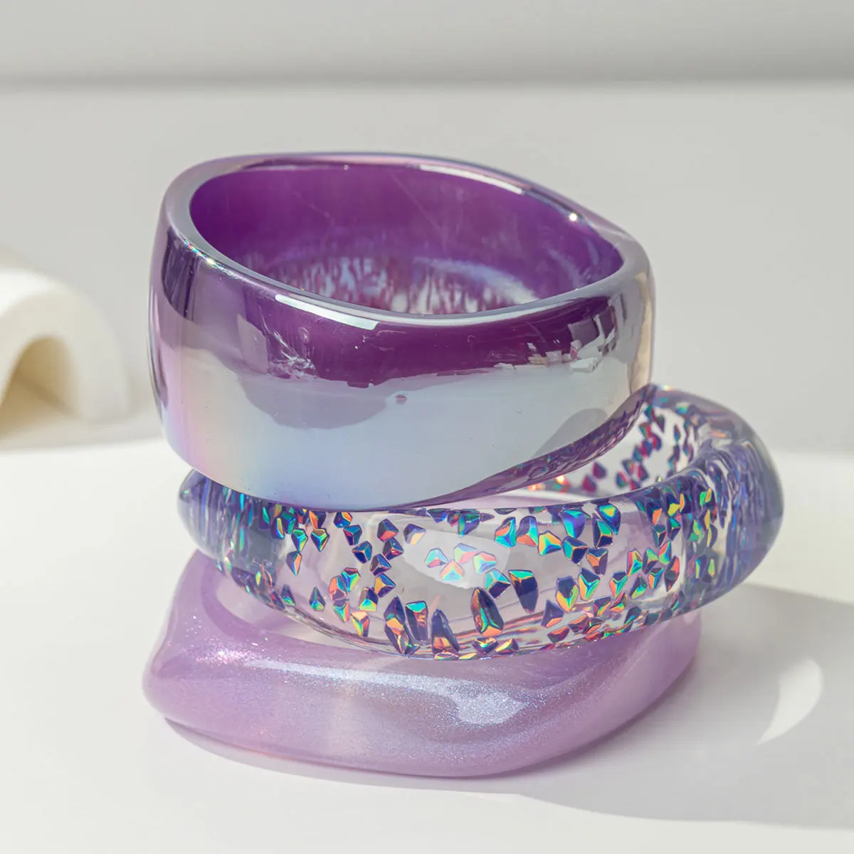 3Pcs/Set Fashion Laser Purple Resin Irregular Geometric Bangles Women Boho Chunky Wide Bracelets Punk Colorful Foil Jewelry Gift