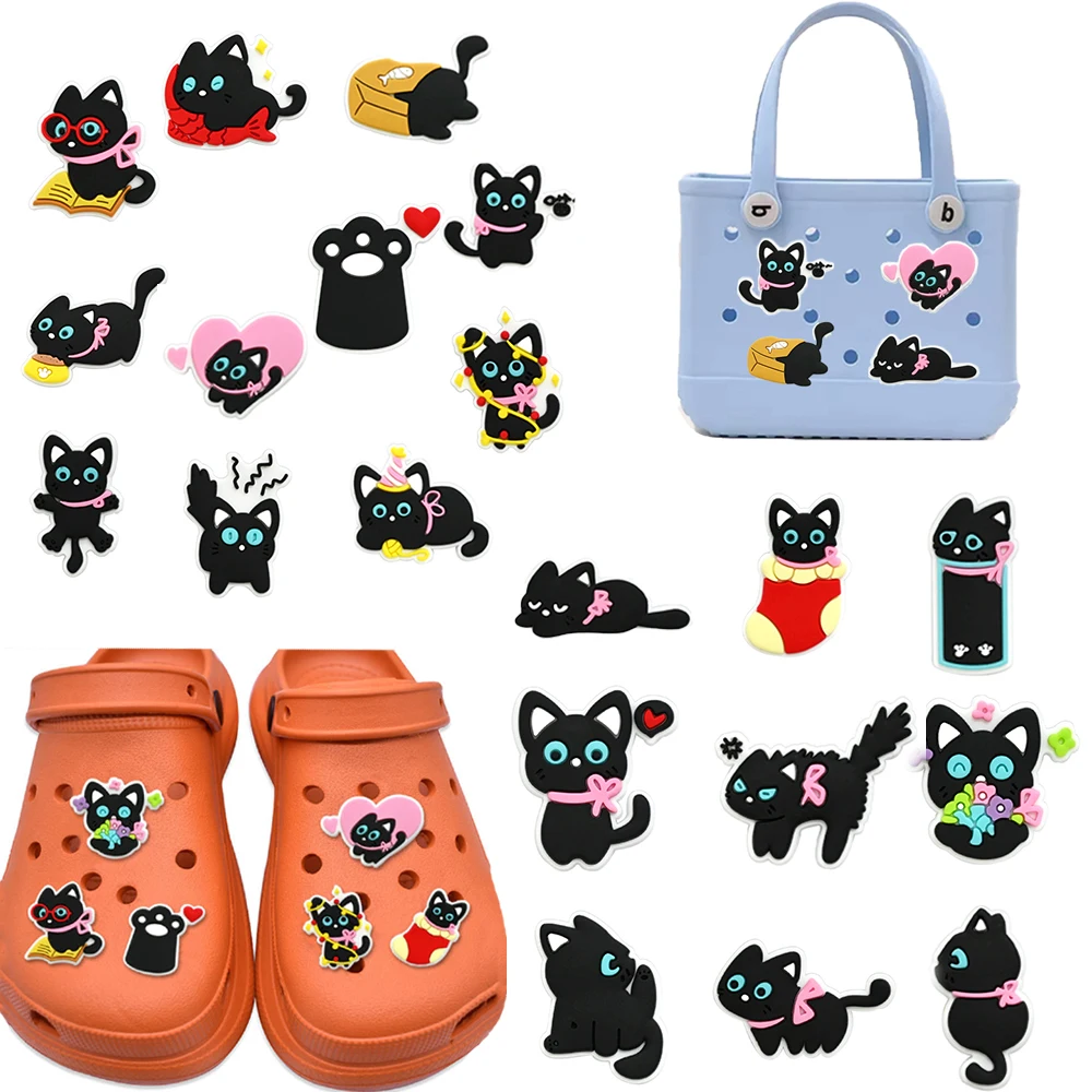 1-20pcs Cute Black Cat  Cartoon Series PVC Shoe Charms Accessories DIY Creativity Sandal Wristbands Decorations Gifts