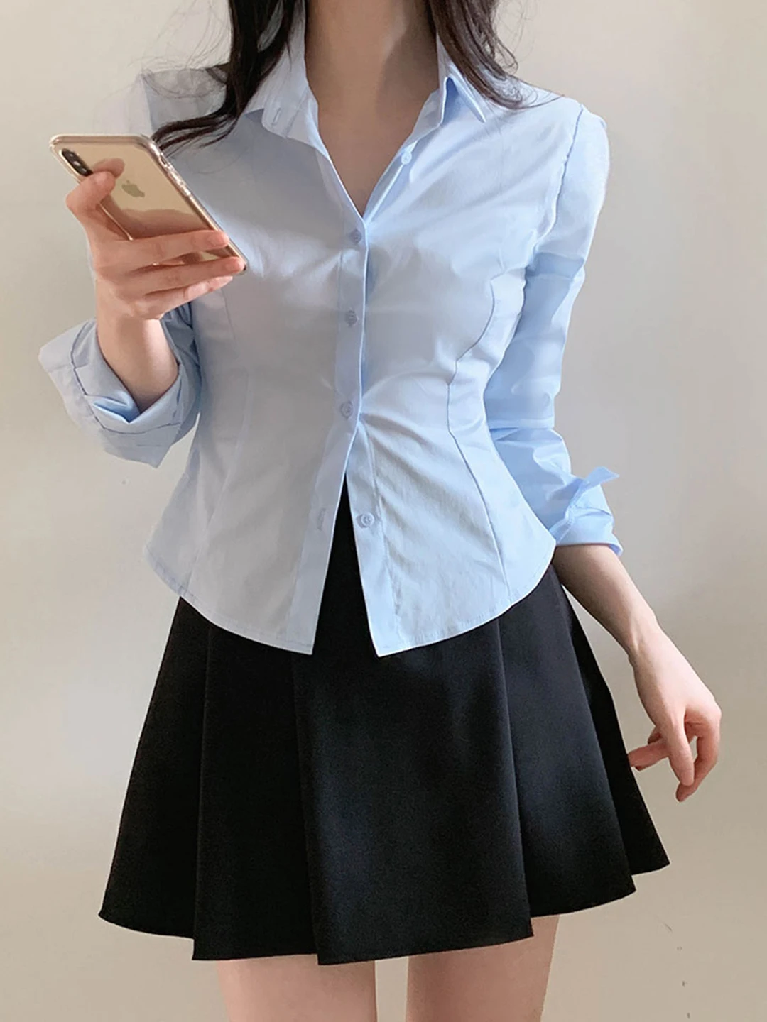 

Fashionable Short Waist-Cinching Women's Shirt Long Sleeve Luxury Sensation Spring New Style Korean Style Slim Fit Blouse