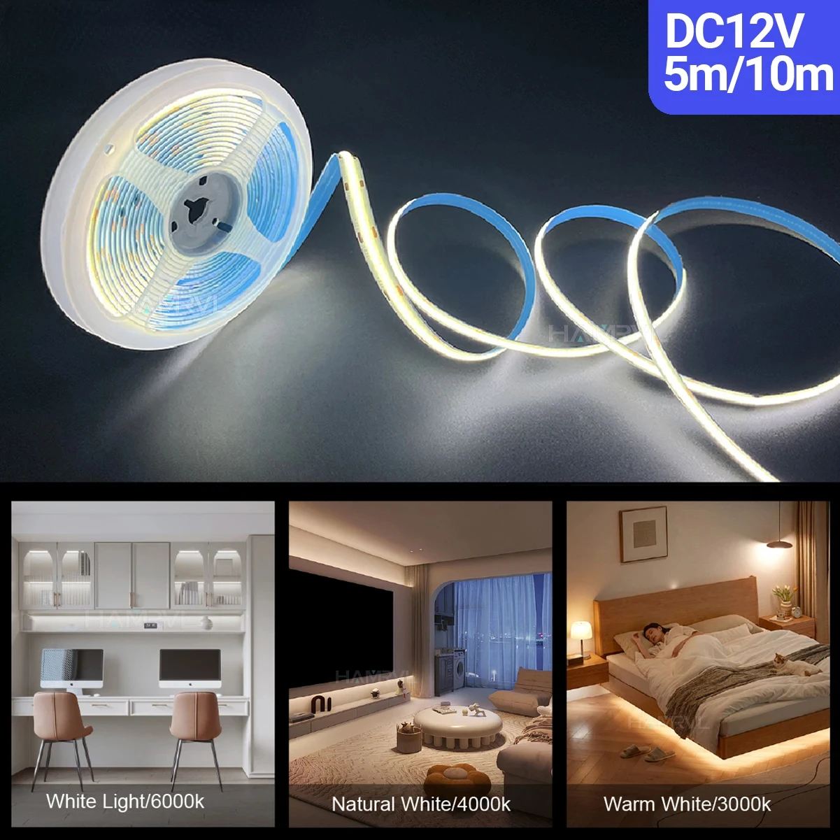 

COB LED Strip Lights 320 LEDs/m Dimmable 16.4ft High Density Flexible Tape Ribbon 3000-6500K Natural/Warm RA90 DC12V Decor Light