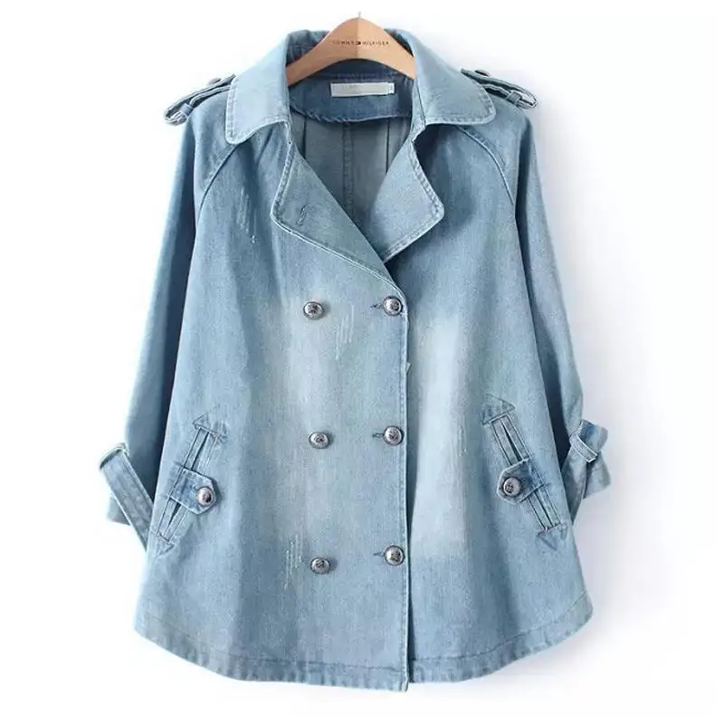 Denim Cape Coat Female Jacket Double Breasted Jackets Women Office Lady Windbreaker Denim Basic Coats Autumn Overcoat