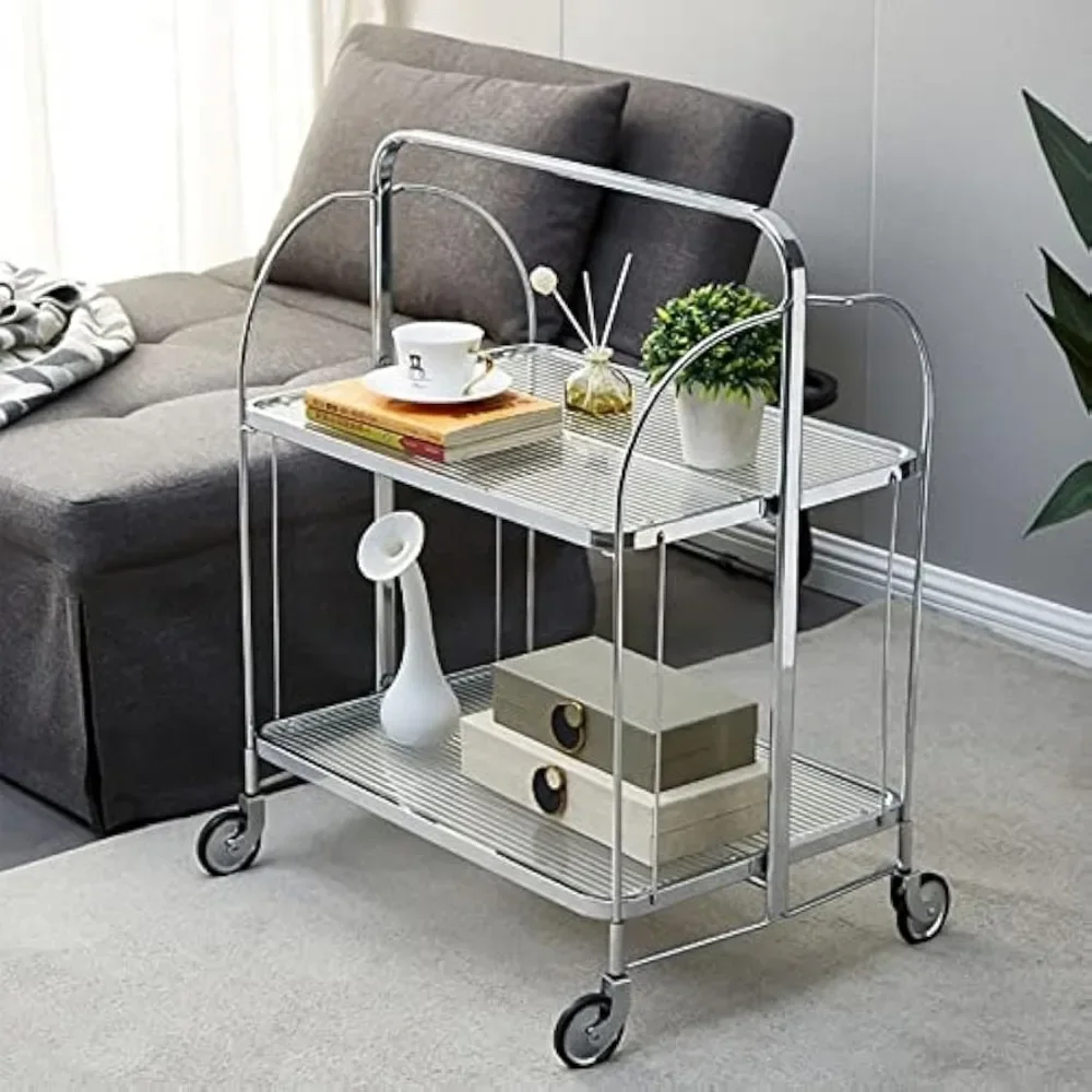 2-Tier Foldable Storage Serving Cart, Restaurant Rolling Serving Cart W/ Wheels for Bar Restaurant Dining Room Living Room