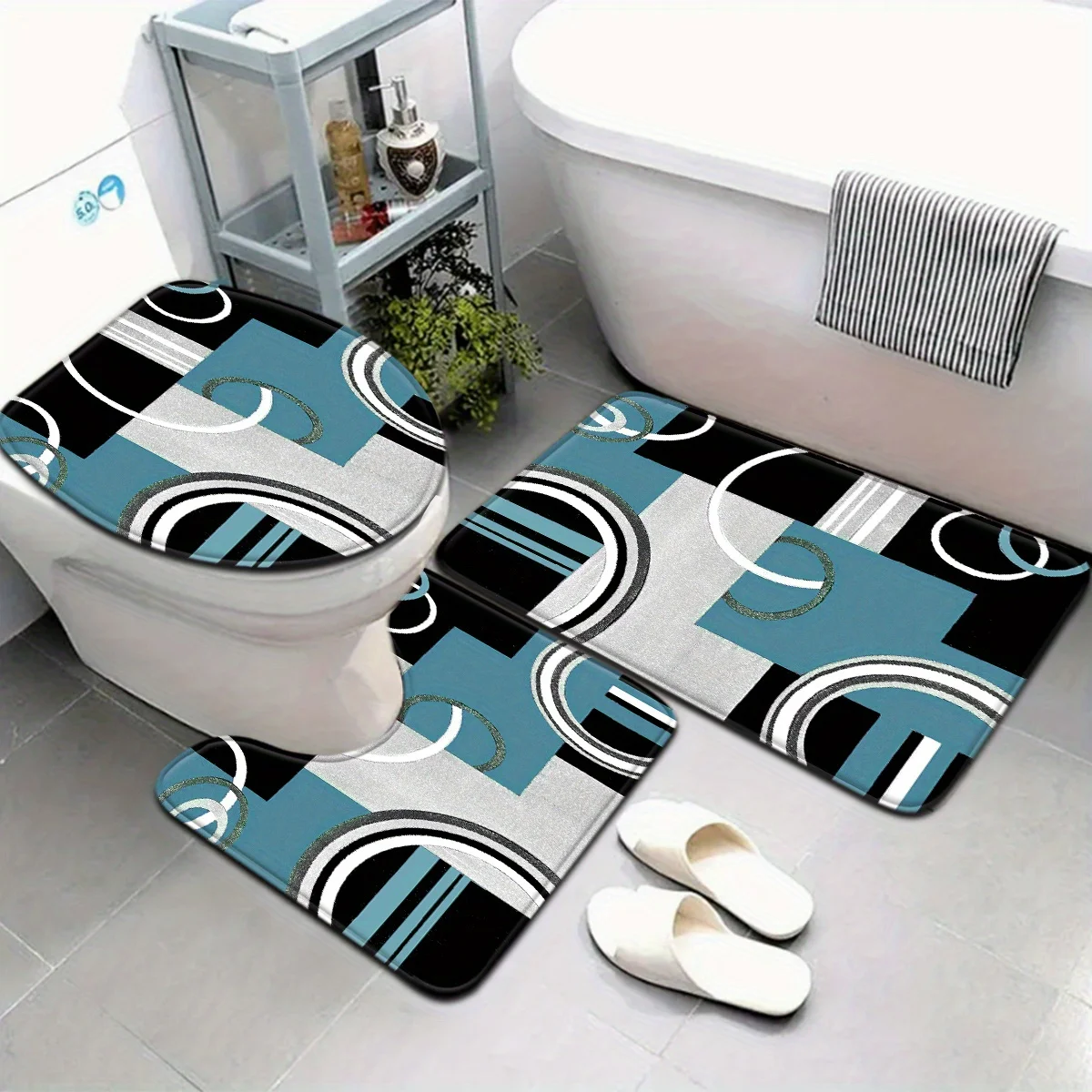 

3-piece set European retro series blue-gray irregular geometric pattern bathroom mat set polyester toilet mat U-shaped foot mat