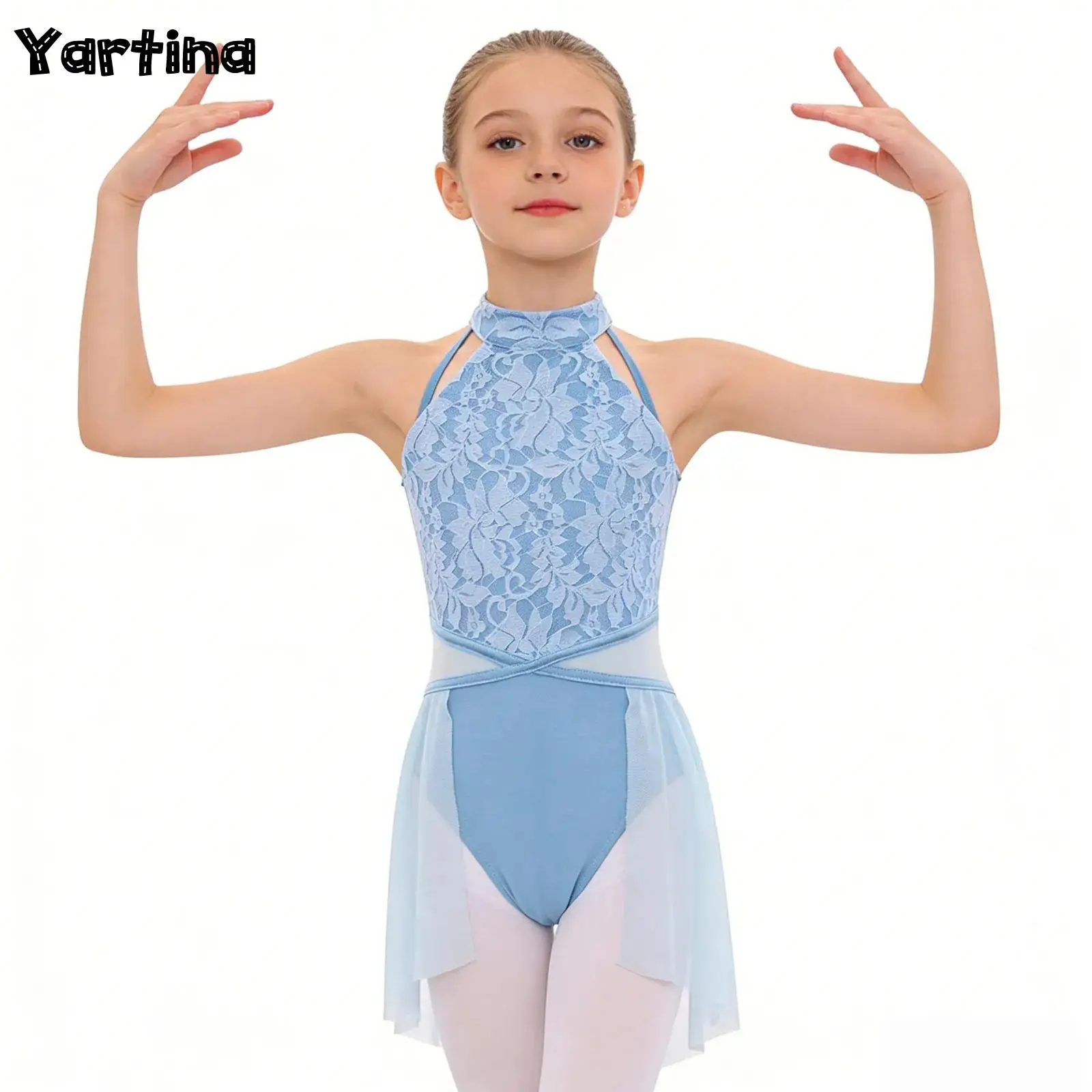 

Kids Girls Lace Floral Ballroom Dance Leotards Dress Gymnastics Artistic Figure Skating Ballet Lyrical Leotards Dance Costume
