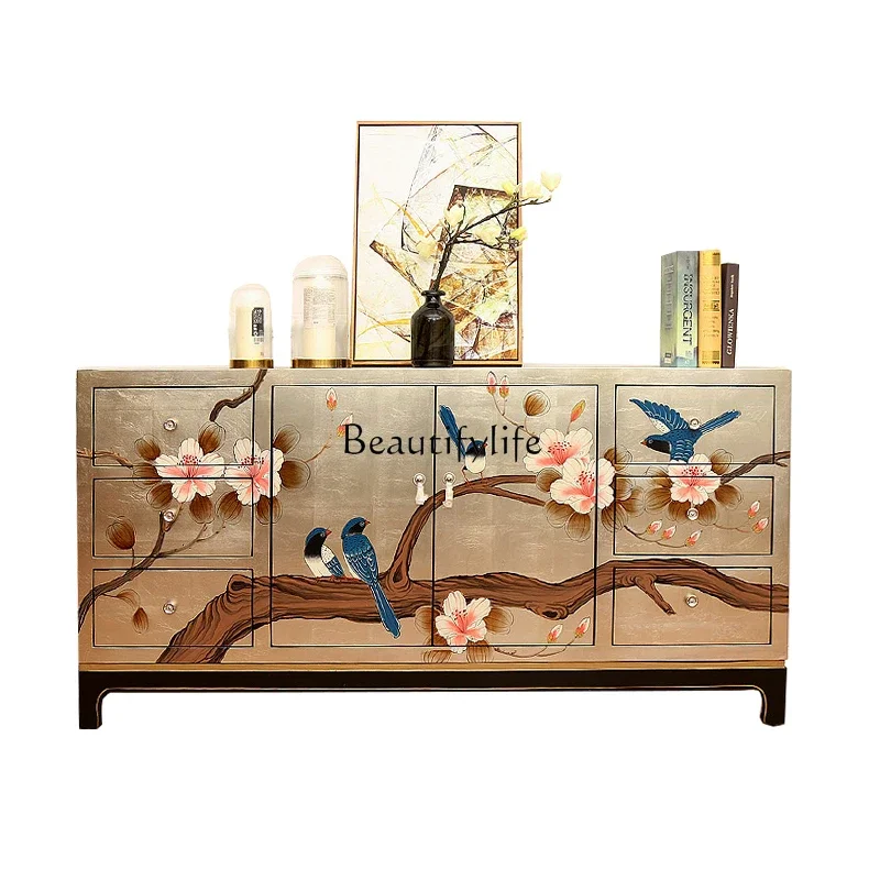 LXNew Chinese TV cabinet fully installed living room decoration solid wood high cabinet storage high styleSSS