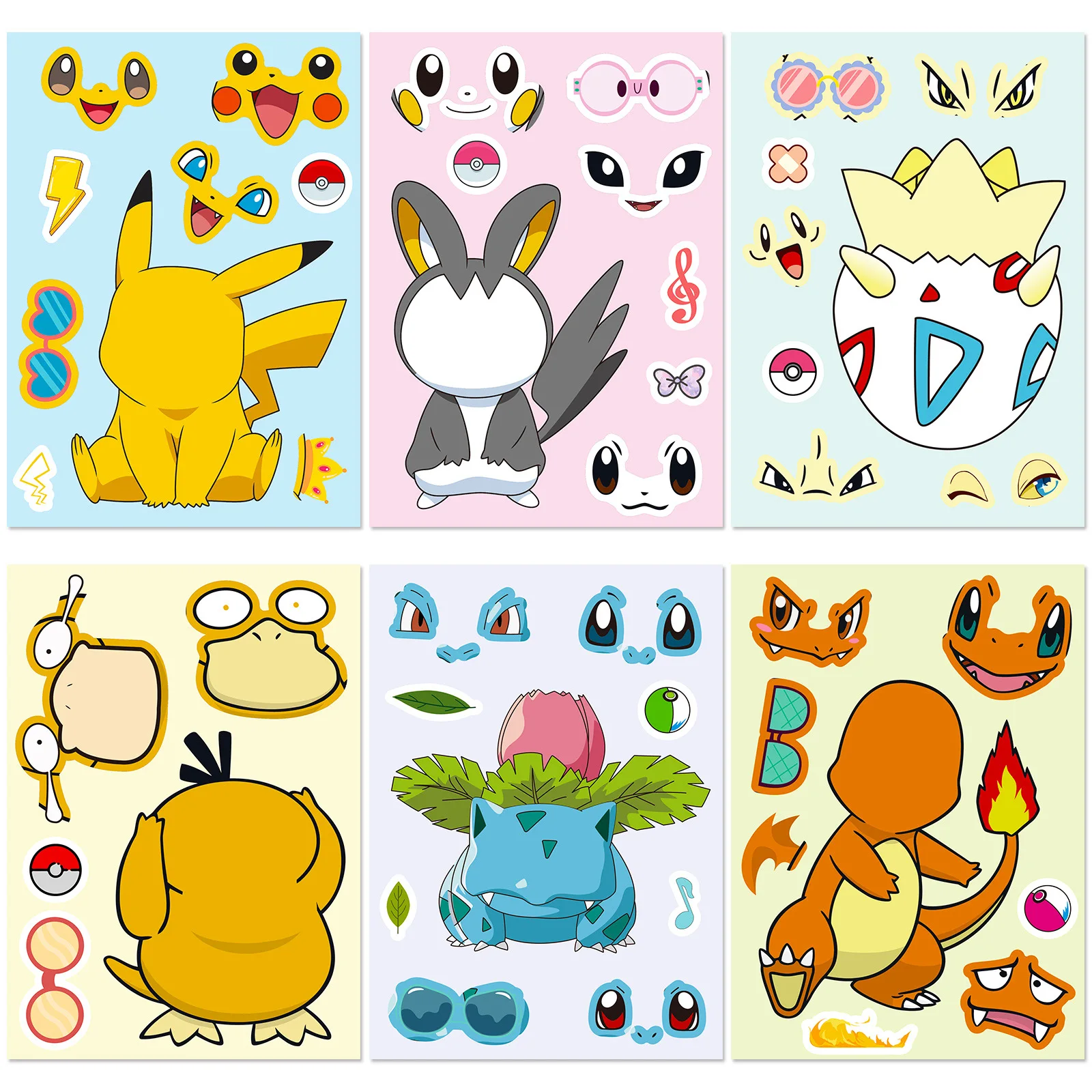 6Sheets Pokemon Pikachu Stickers Make A Face Puzzle Kids Charmander Make Your Own DIY Game Children Jigsaw Education Toys