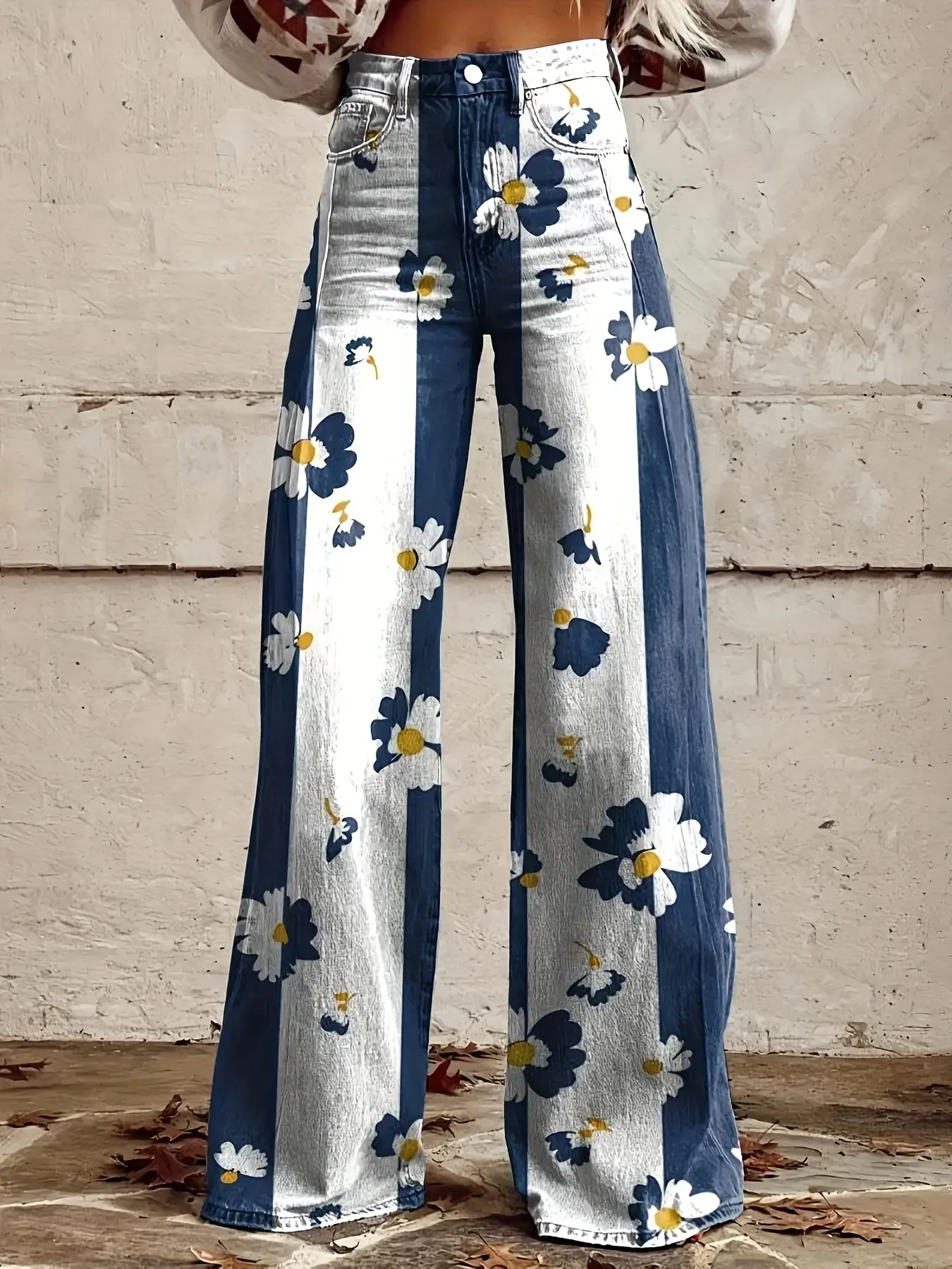 New women's printed exquisite pattern wide leg imitation jeans ,Printed bell bottom pants, multi-color full print