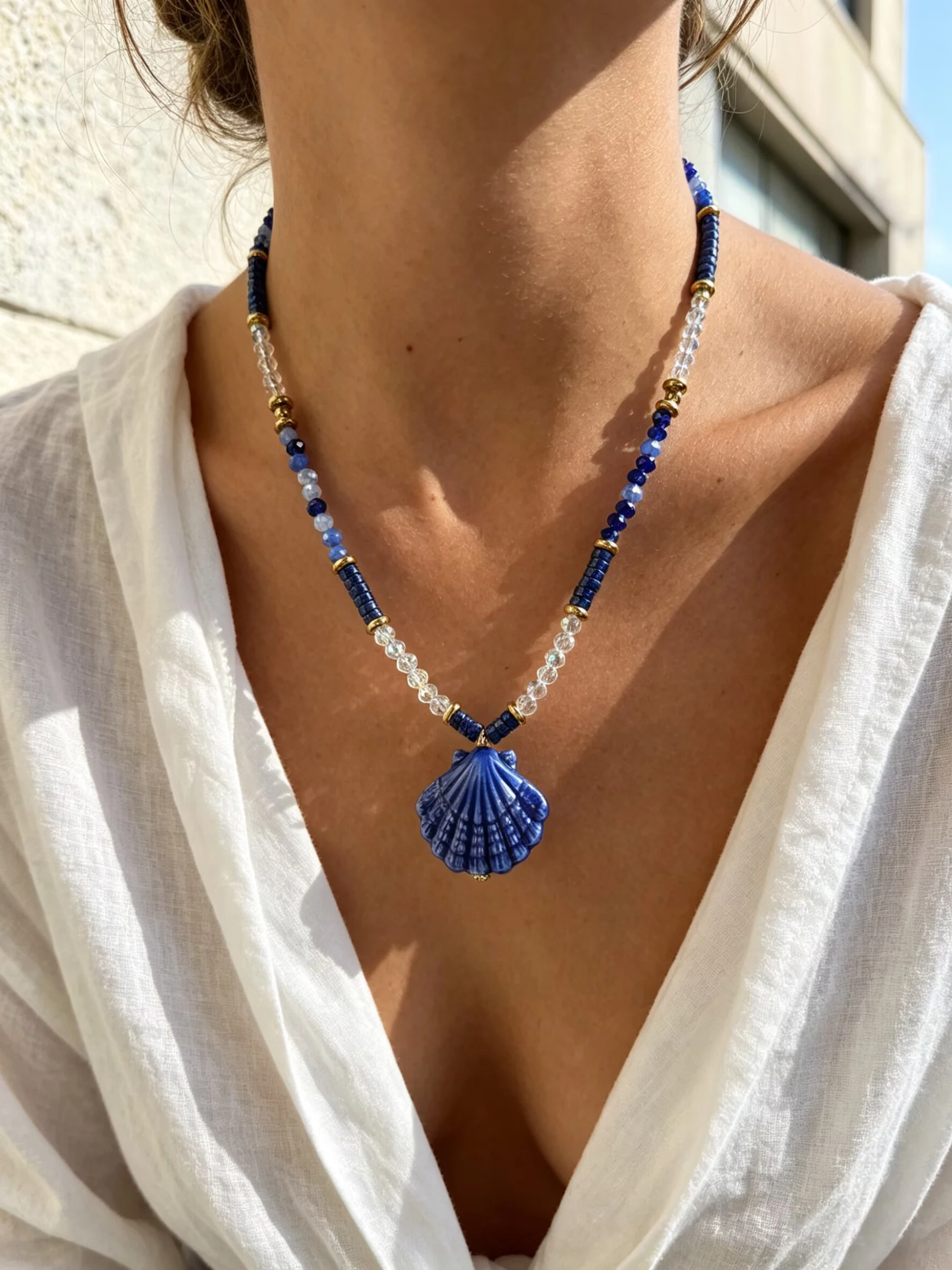 GHIDBK Ocean Deep Blue Shell Ceramic Pendant Women's Necklace Acrylic Bead Fashion Creative Design Jewelry Accessories Gifts