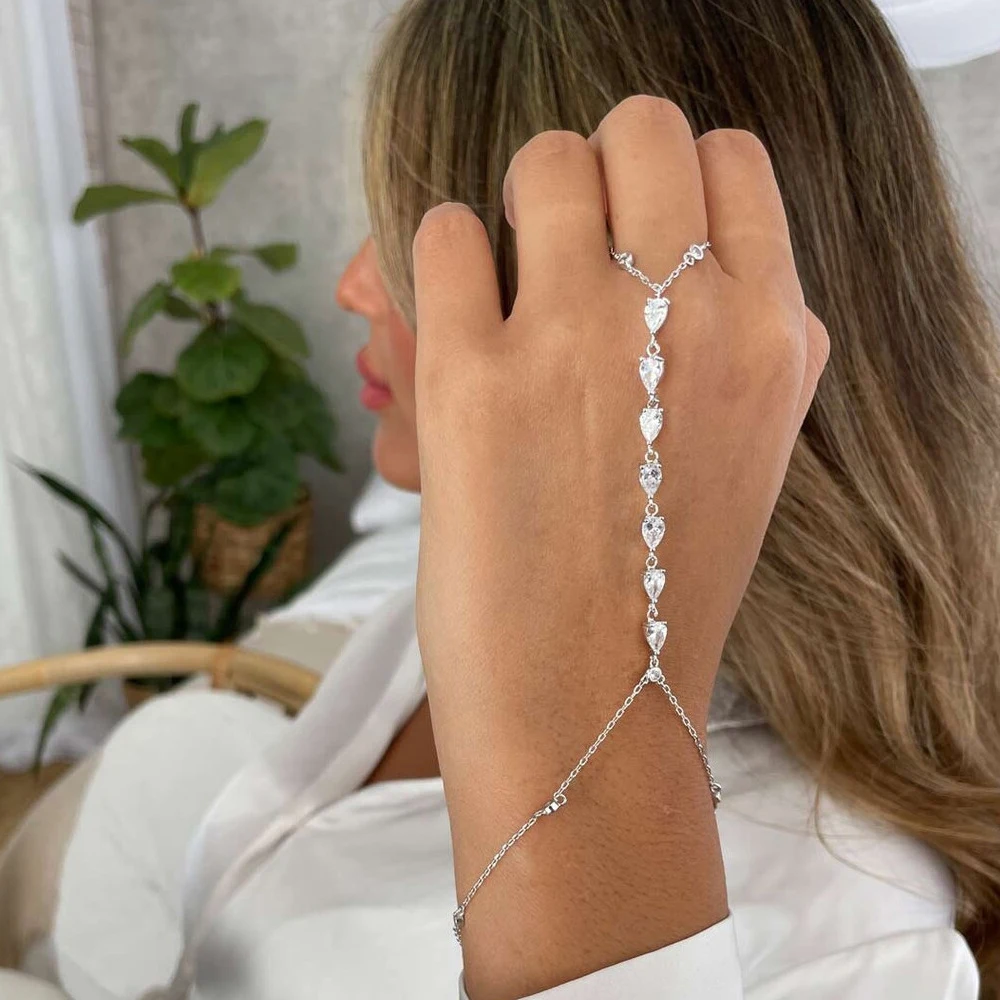 

Fashion Zircon Teardrop Finger Bracelet Slave Jewelry Adjustable 2025 Boho Bridal Metal Back Hand Chain Bracelet Party for Women