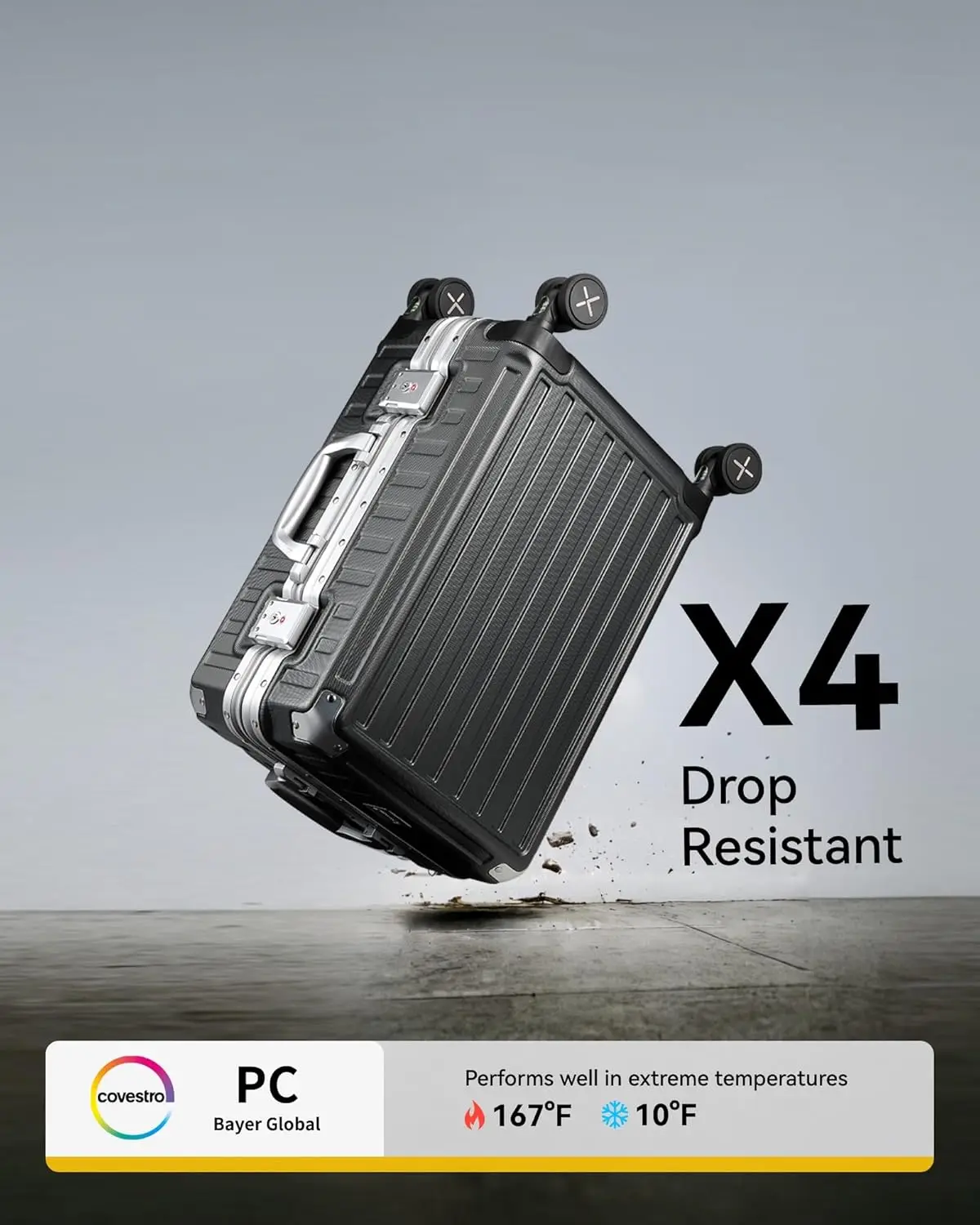 Mala com rodas Spinner, policarbonato de alumínio duro Shell, bagagem Zipperless, continuar, 20 polegadas, prata e cinza