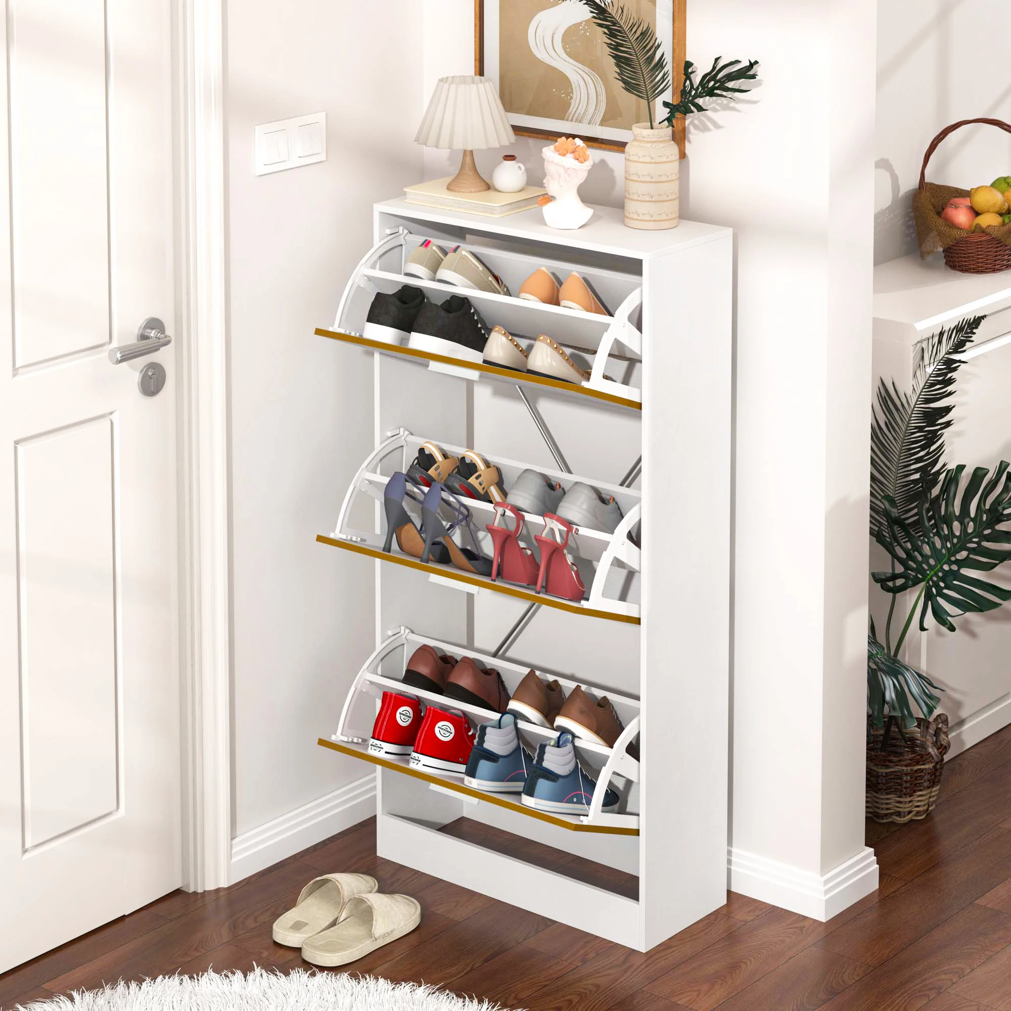 US Hidden Shoe Rack Wooden Shoe Storage Cabinet With 3 Flip Drawers Slim Narrow Shoes Dresser Organizer For Living Room Entryway