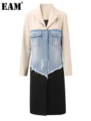 [EAM] Women Beige Denim Color-block Long Elegant Blazer New Lapel Long Sleeve Jacket Fashion Tide Spring Autumn 2024 CPDB132