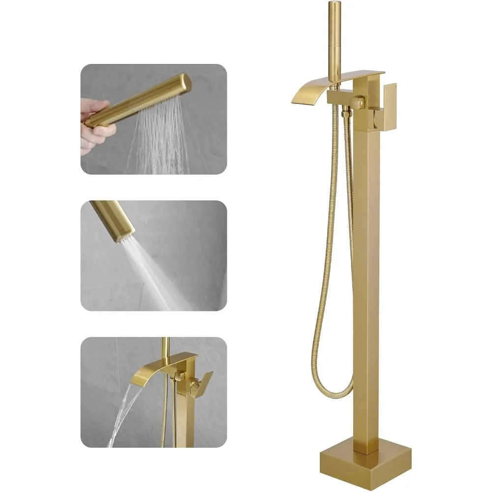 

Freestanding Brushed Gold Bathtub Faucet with Floor Mount and Waterfall Feature, Certified by CUPC