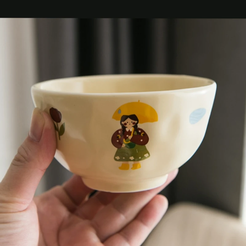 Ceramic Bowl Retro Girl with Flower Design, Home Use, Large Noodle Bowl, INS Style Dishware, Large Bowl for Noodles and Salad