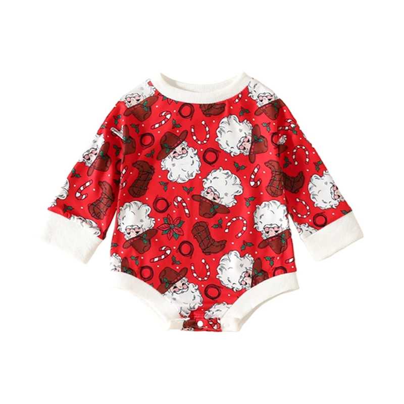 

0-12M Newborn Baby Christmas Romper Long Sleeve Crew Neck Santa Pattern Bodysuit Newborn Winter Playsuit Children Clothes