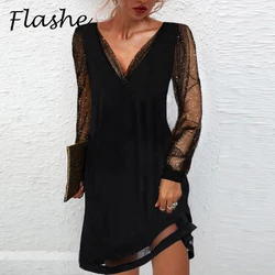 Fashion Dress Women Black V Neck Gazue Sequins Long Sleeved Female Dresses Party Club Dress Casual Short Dress 2022