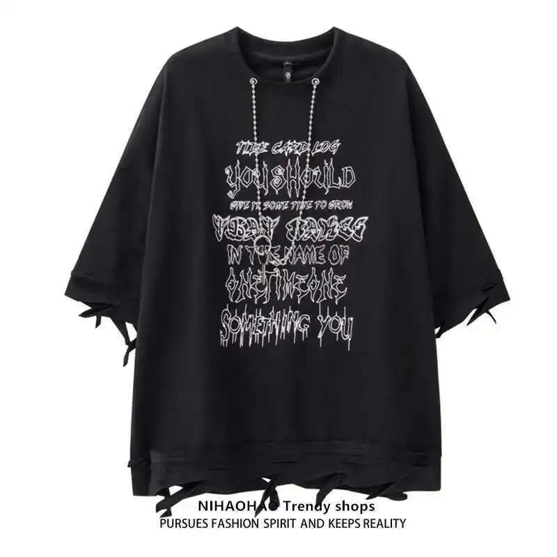 

Gothic Punk Man Women Letter Print T-shirt American Cool Street Cut Edge Distressed Short Sleeve T-Shirt Necklace Decoration