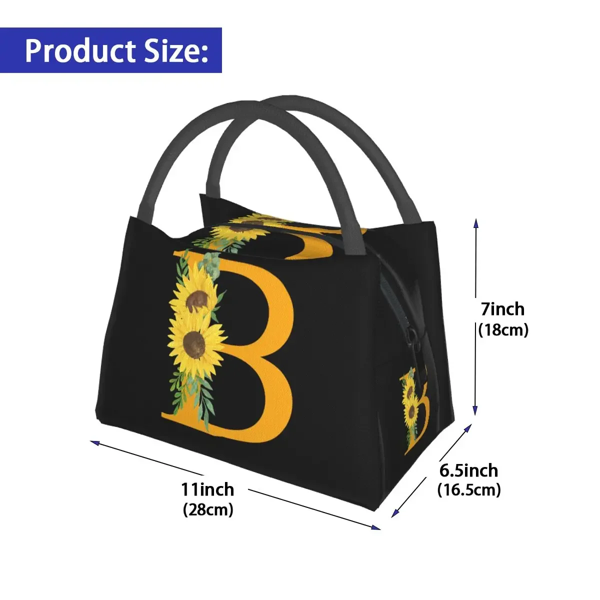 Sunflowers Letter B Lunch Bag Flowers Aesthetic Lunch Box Outdoor Picnic Portable Zipper Tote Food Bags Design Cooler Bag