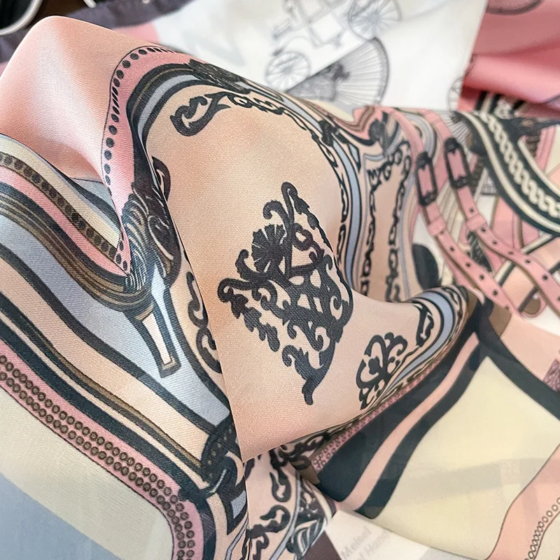 Luxury Design Carriage Print Silk Square Scarf for Women Fashion Skinny Neck Tie Soft Satin Hijab Female Neckerchief Hair Scarf